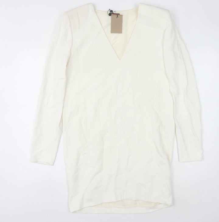 Massimo Dutti Women's White V-Neck Long Sleeve Dress
