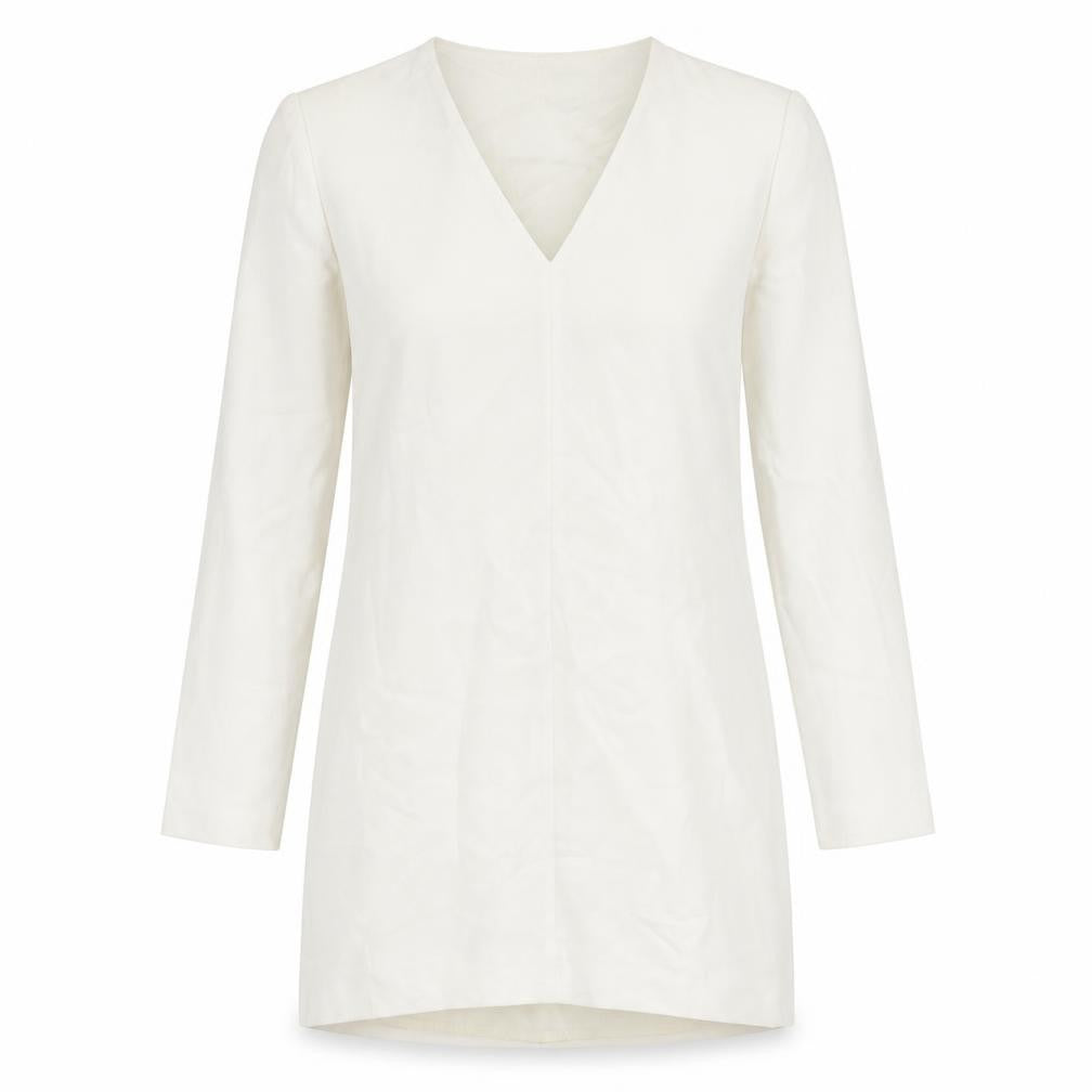 Front view of Massimo Dutti Women's White V-Neck Long Sleeve Dress