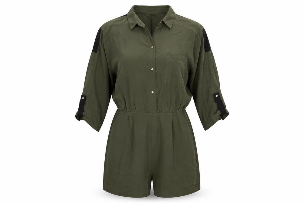 Front view of Zara Basic Women Green Jumpsuit, size 8, Collared Casual