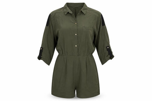 Front view of Zara Basic Women Green Jumpsuit, size 8, Collared Casual