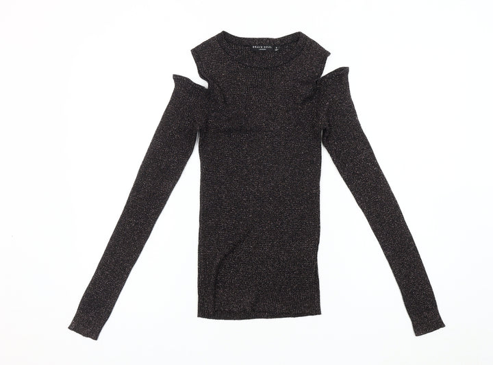 Brave Soul Women's Black Knit Cold Shoulder Blouse
