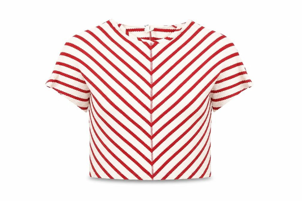 Front view of River Island Women's Red Striped Cropped T-Shirt M