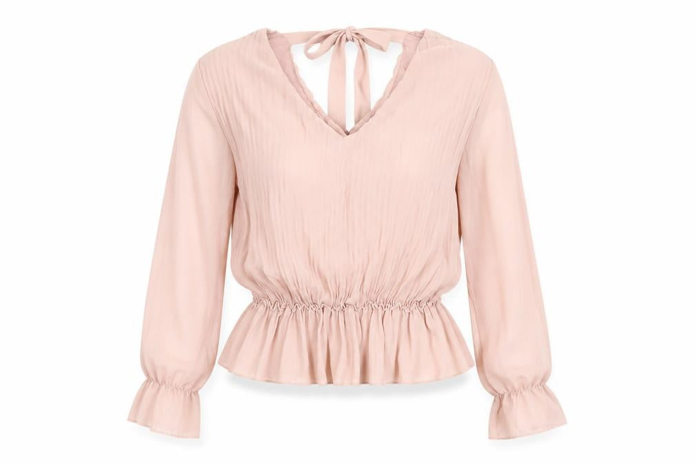 Front view of Quiz Women's Pink Tunic Blouse Long Sleeve V-Neck