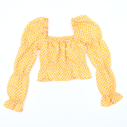 H&M Women's Yellow Floral Puff Sleeve Blouse 2XS