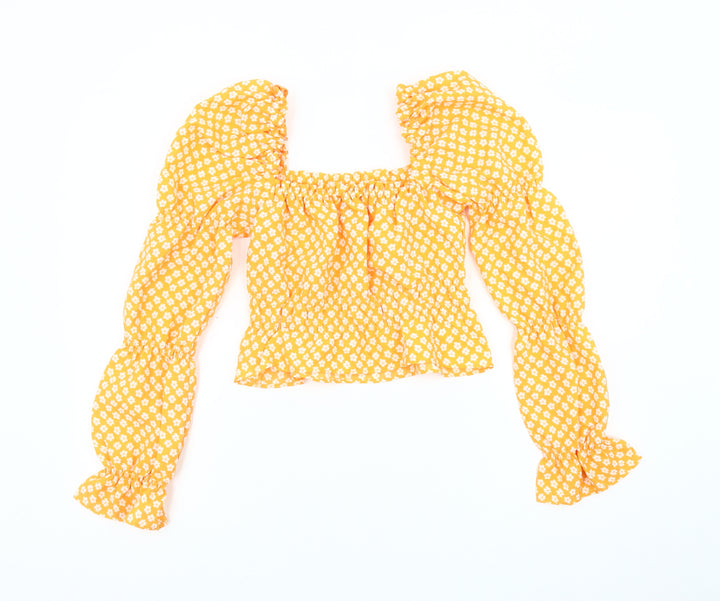H&M Women's Yellow Floral Puff Sleeve Blouse 2XS