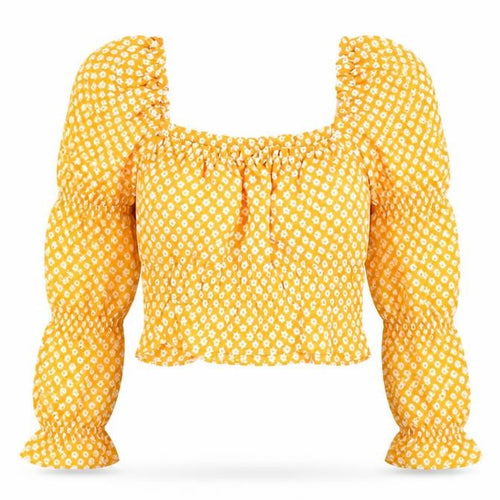 H&M Women's Yellow Floral Puff Sleeve Blouse 2XS