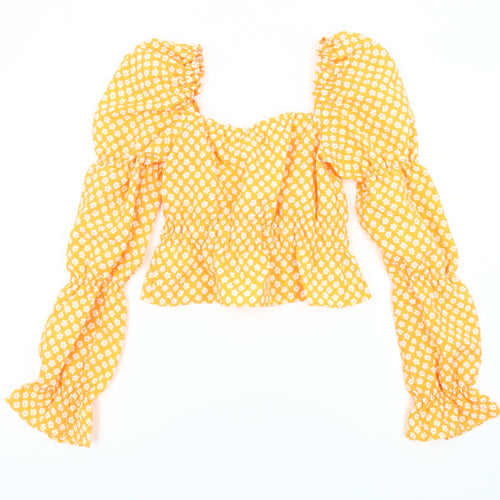H&M Women's Yellow Floral Puff Sleeve Blouse 2XS