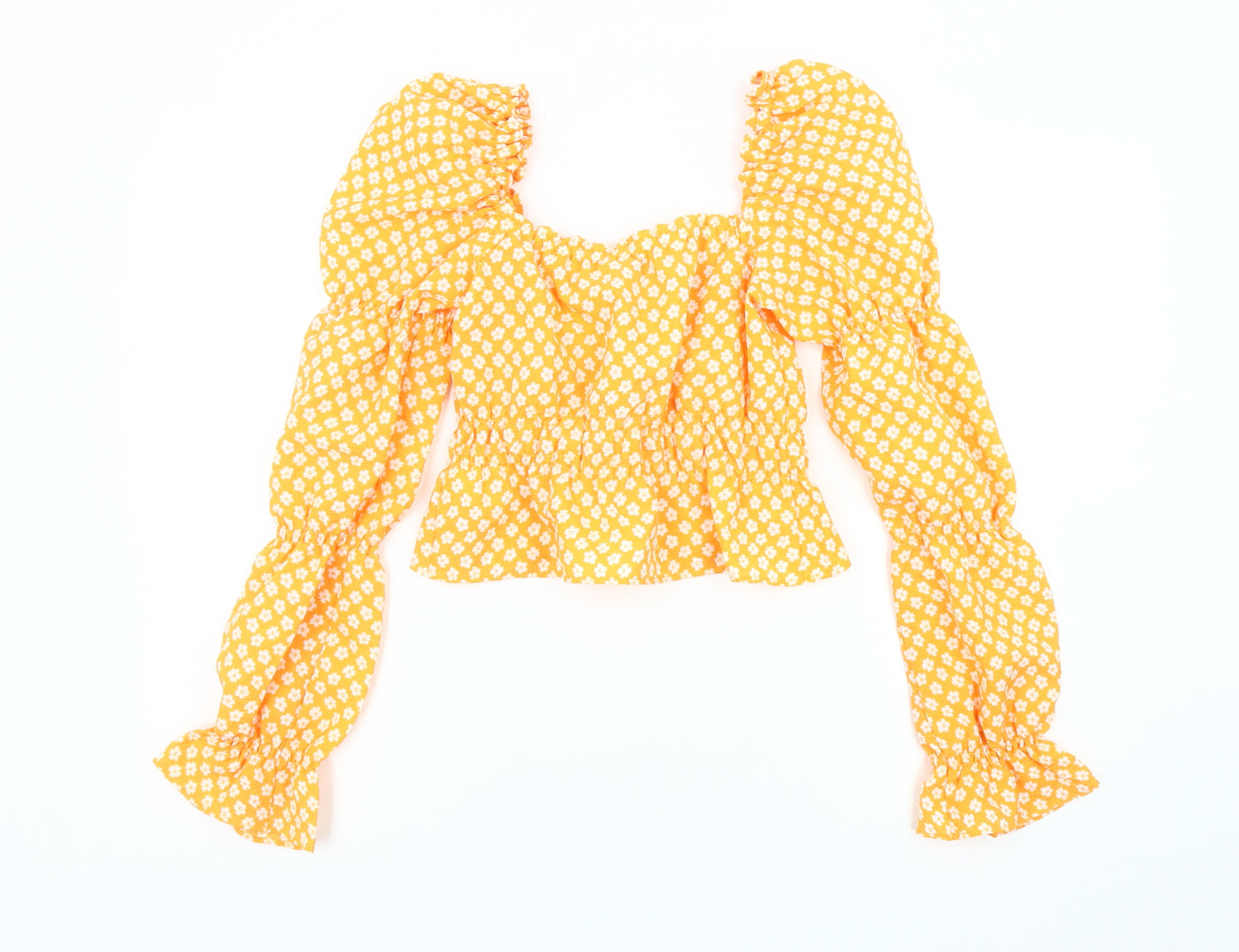 H&M Women's Yellow Floral Puff Sleeve Blouse 2XS