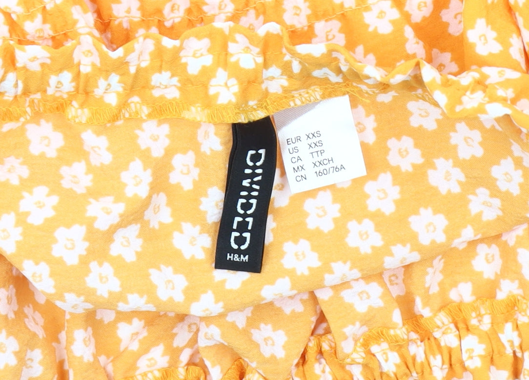 H&M Women's Yellow Floral Puff Sleeve Blouse 2XS