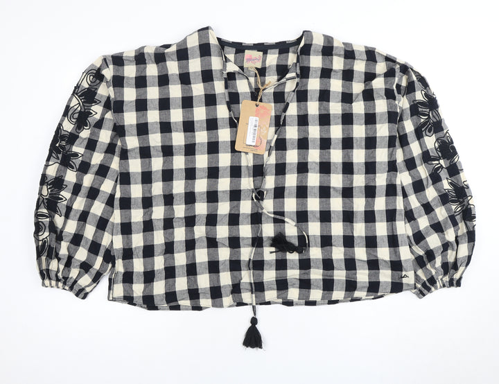 Mantaray Women Black Check Blouse with Embroidery