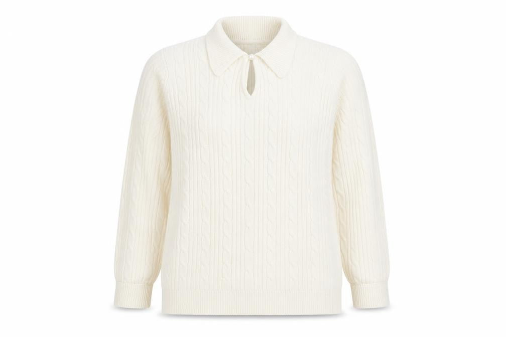 Front view of Isle Women's Ivory M Collared Cable-Knit Jumper