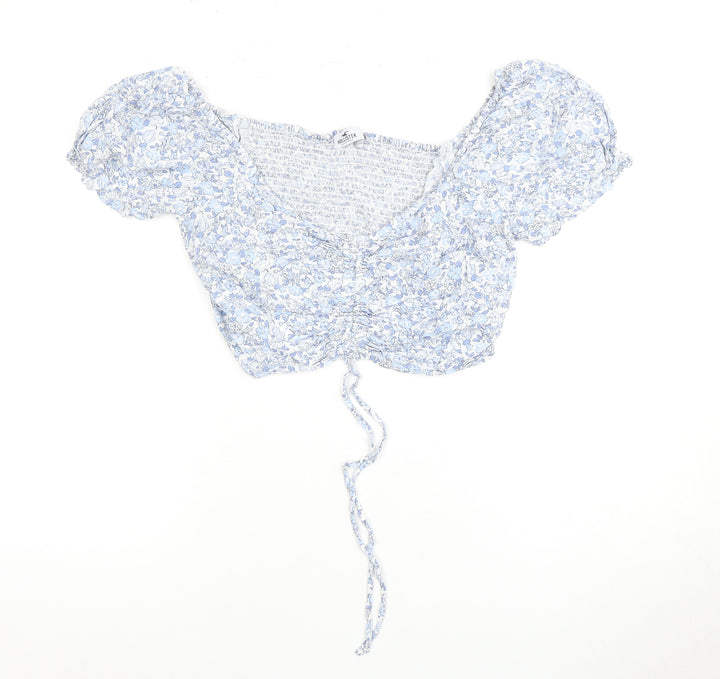 Hollister Women's Blue Floral Cropped Puff Sleeve Top
