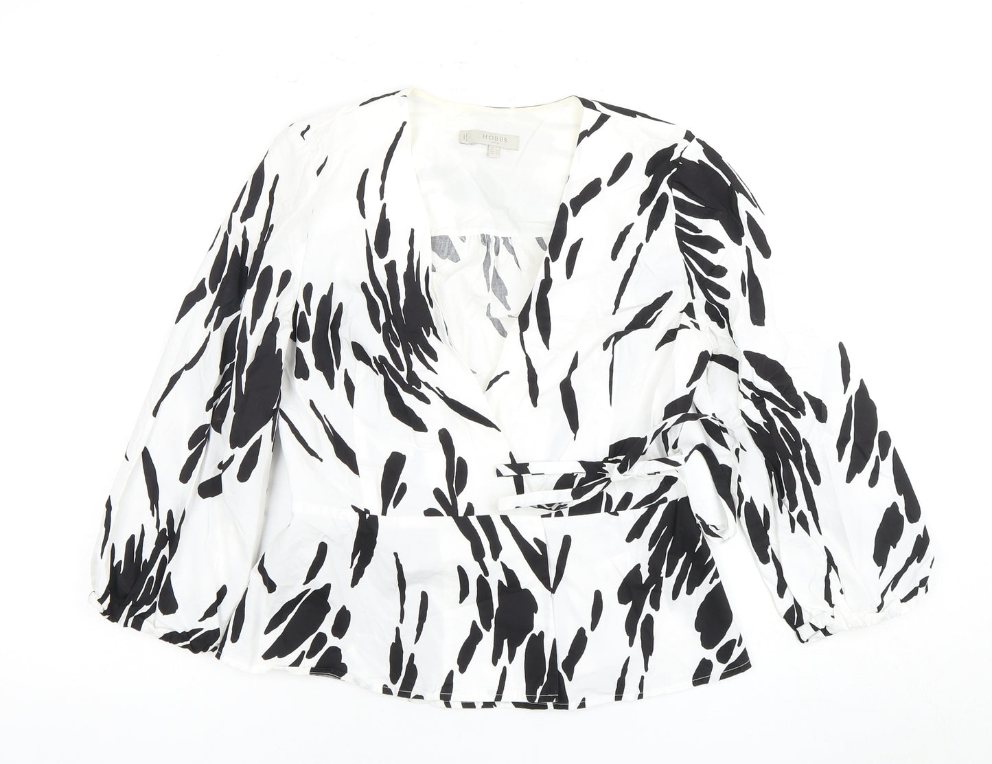 Hobbs Women’s Black & White Animal Print Wrap Blouse, Size 8, Cotton