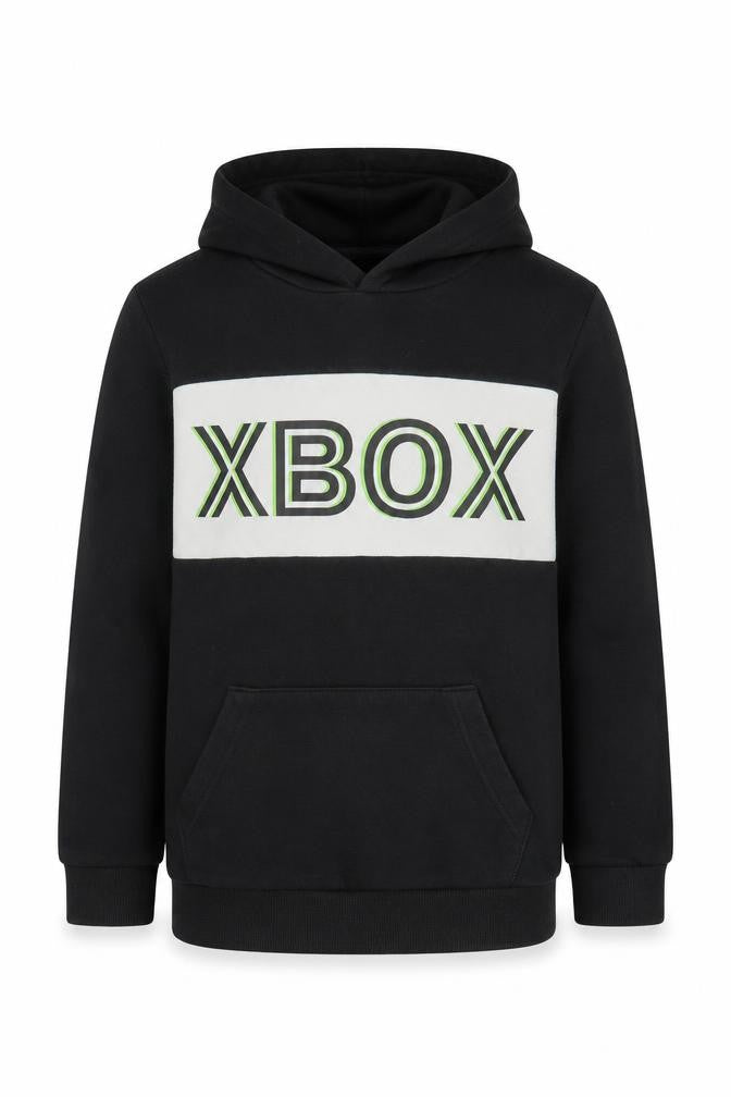 Front view of XBOX boys’ black pullover hoodie 9-10 years gaming logo