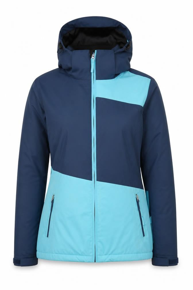 Front view of Crane women’s blue hooded puffer jacket, size UK 8