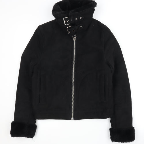 H&M Women's Black Biker Jacket Size 6 - Belted & Lined