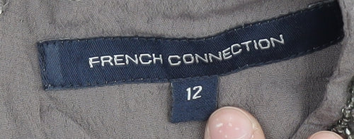 French Connection Women's Grey Silk Embroidered V-Neck Top