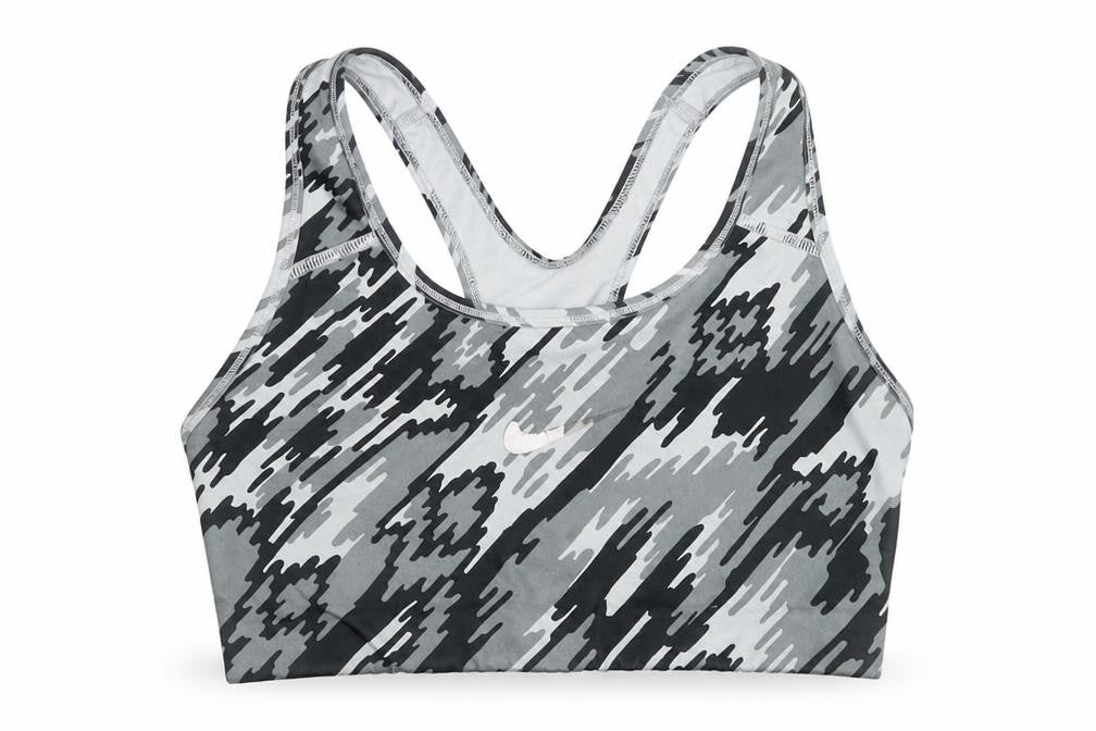 Front view of Nike Women's Grey Camouflage Sports Bra, size S
