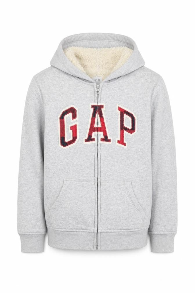 Front view of Gap Kids boys’ grey full zip hoodie l