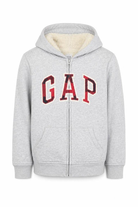 Front view of Gap Kids boys’ grey full zip hoodie l