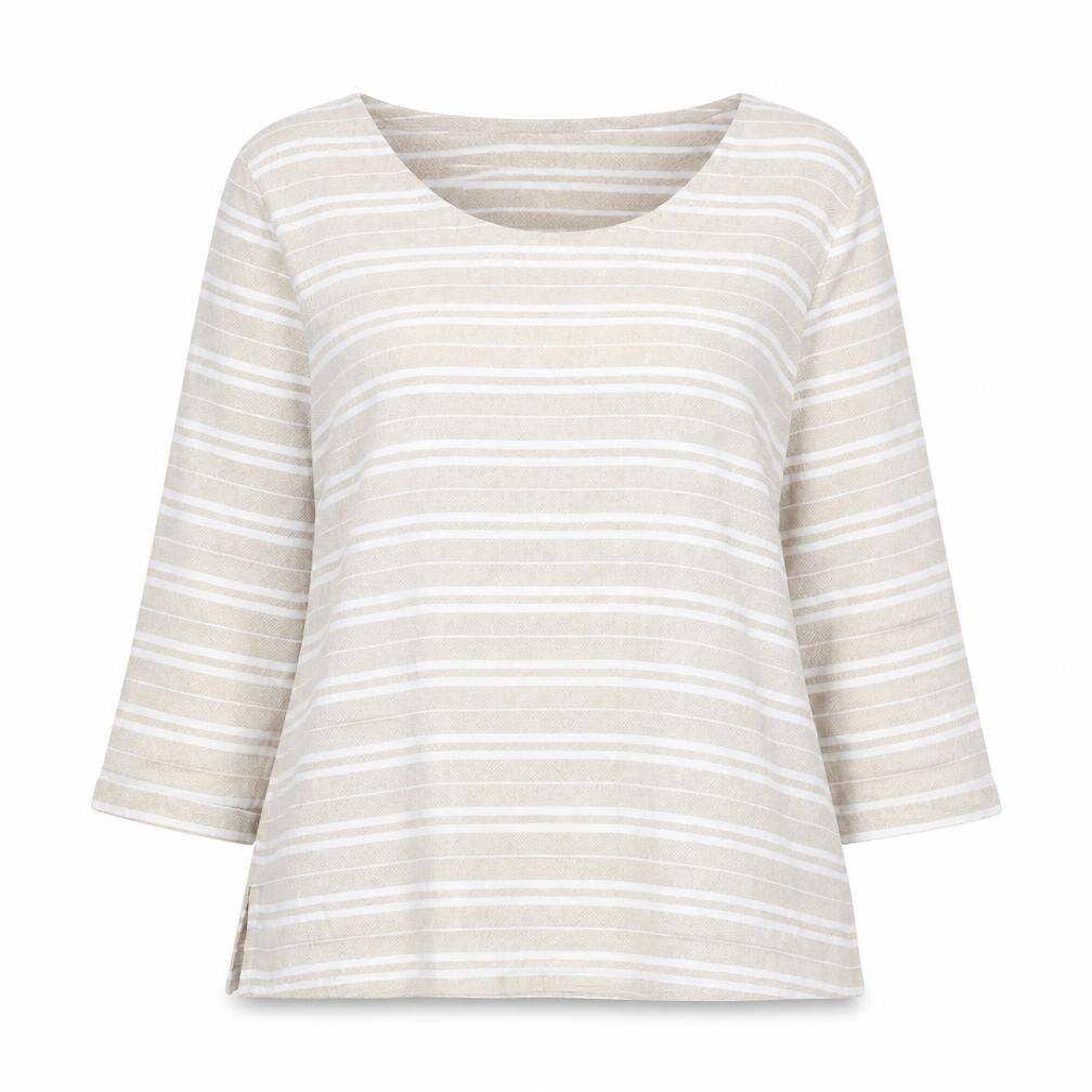 Front view of Cotton Traders Women's Beige Striped 3/4 Sleeve Top