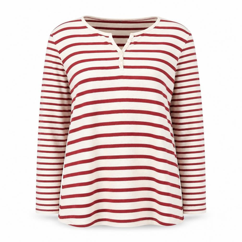 Front view of Isle Essentials Women's Red Striped Henley Jumper L