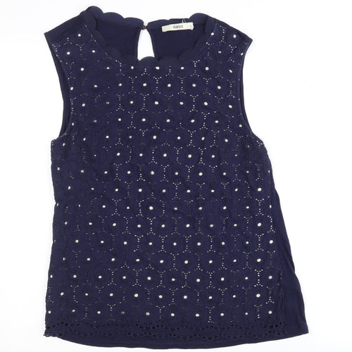 Oasis Women's Blue Sleeveless Embroidered Blouse M