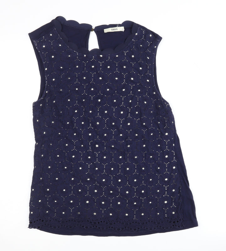 Oasis Women's Blue Sleeveless Embroidered Blouse M