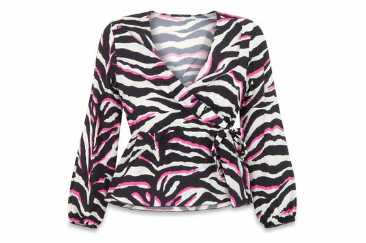 Front view of Quiz Women’s Zebra Wrap Blouse Multicoloured, size UK 12