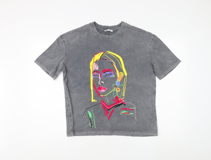 Zara Women's Grey Art T-Shirt, 2XS, Cotton