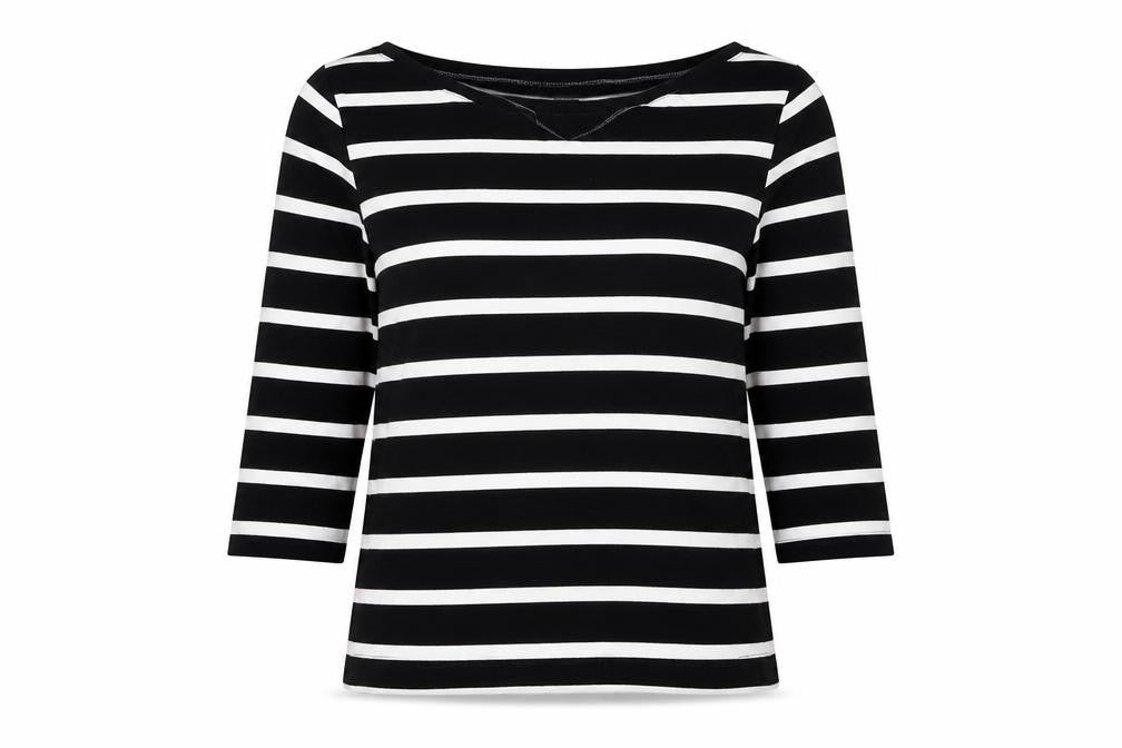 Front view of VILA Women's S Black Striped 3/4 Sleeve T-Shirt