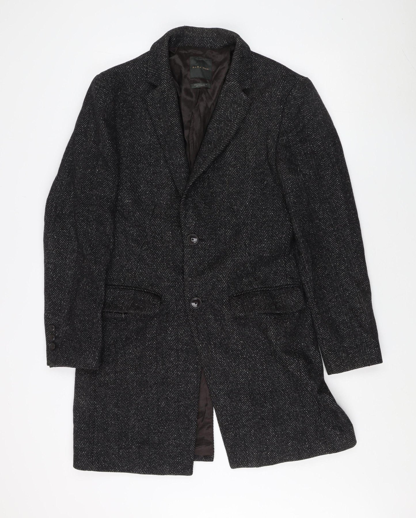 Zara Men’s Black Wool Overcoat, M, Herringbone Mid-Length