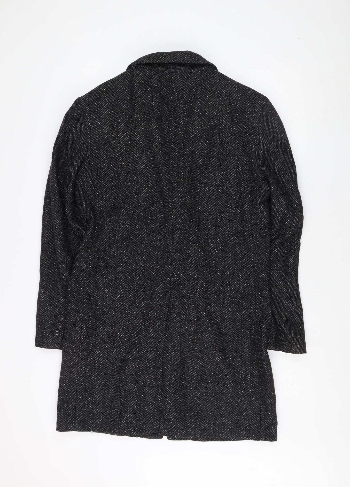 Zara Men’s Black Wool Overcoat, M, Herringbone Mid-Length