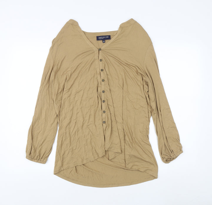 Jones New York Women's Beige Button-Up V-Neck Top, L