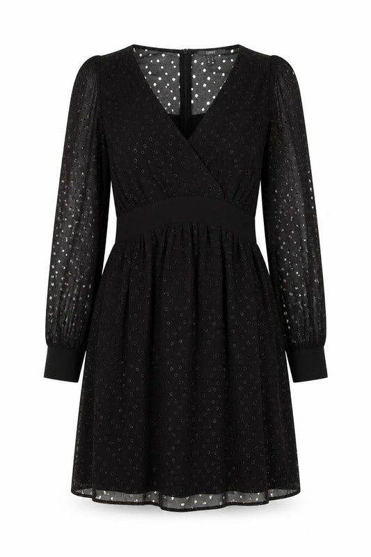 Front view of ESPRIT Women's Black Polka Dot Shift Dress, size 12