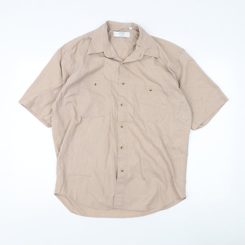 St. Bernard Men's Beige Short Sleeve Button-Up Shirt L