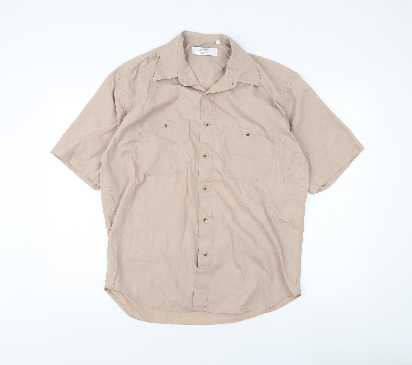 St. Bernard Men's Beige Short Sleeve Button-Up Shirt L