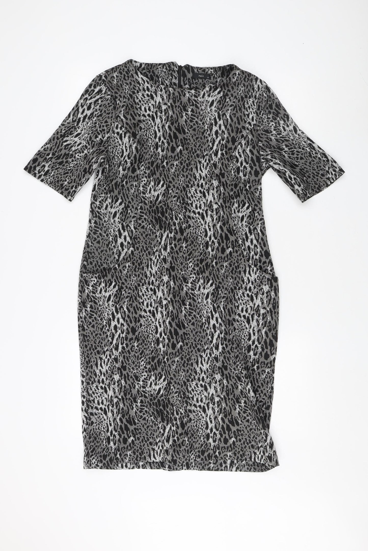 M&Co Women's Grey Animal Print Shift Dress - Size 14