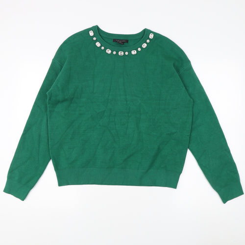 Tahari Women’s Green Pullover Jumper, Jewel Accent, Size L