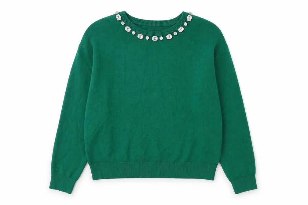 Front view of Tahari Women’s Green jumper, Jewel Accent, size L