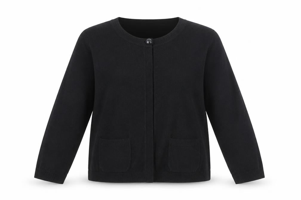 Front view of BHS Women's Black Cardigan, size 14, Round Neck
