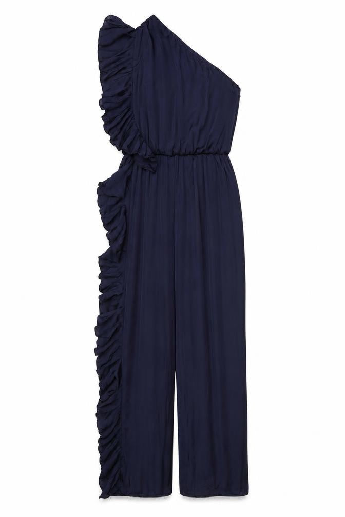 Front view of Zara Women's Blue XS Wide-Leg One Shoulder Jumpsuit