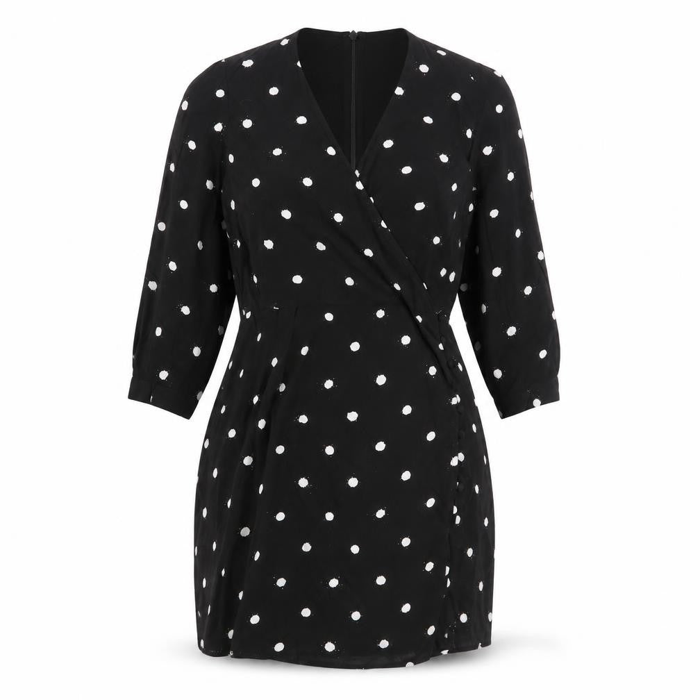 Front view of Warehouse Black Polka Dot Wrap Dress, size 8