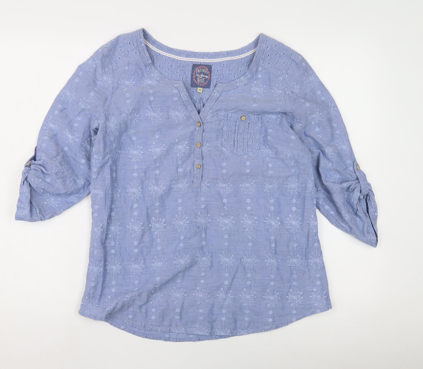 Mantaray Women's Blue Floral Embroidered Tunic Blouse Size 14