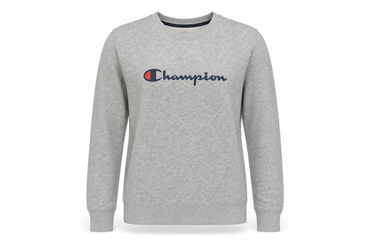 Front view of Champion unisex grey pullover sweatshirt, size M