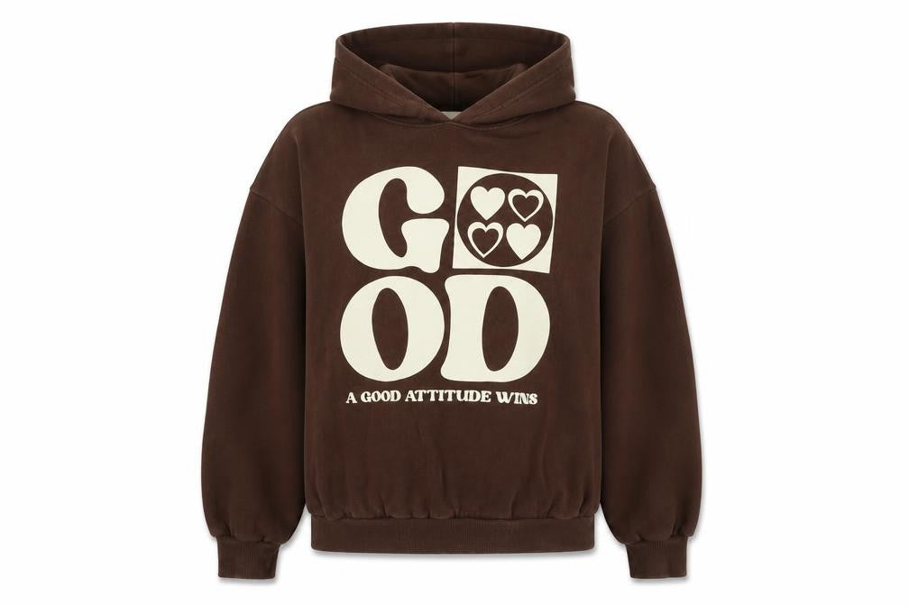 Front view of Pull&Bear unisex brown graphic hoodie m, casual style