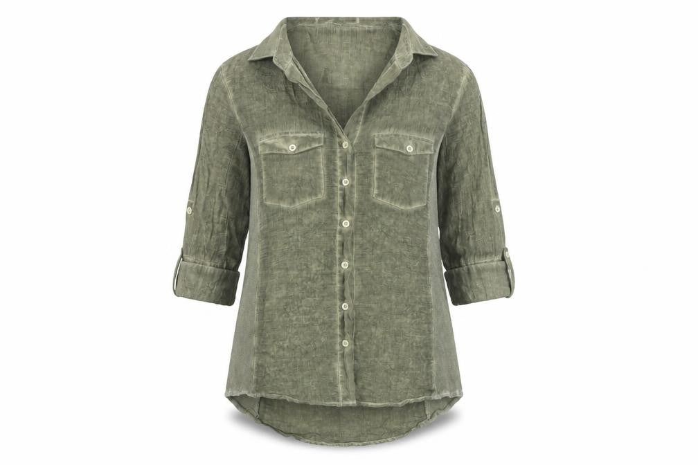 Front view of Pologarage Green Button-Up Shirt Women, size 4