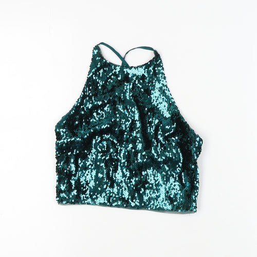 Bershka Women’s Green Sequin Halter Crop Top S
