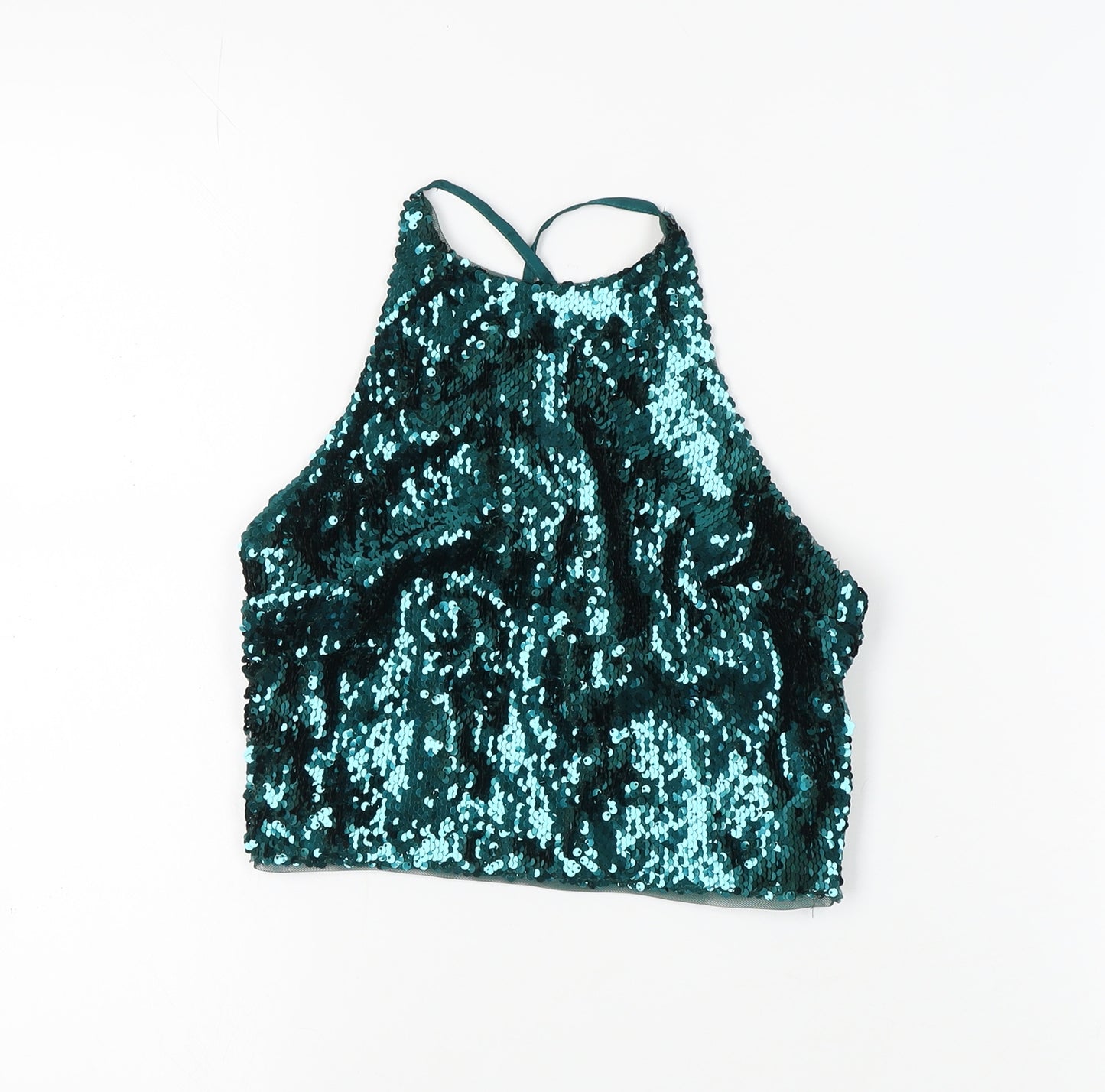 Bershka Women’s Green Sequin Halter Crop Top S