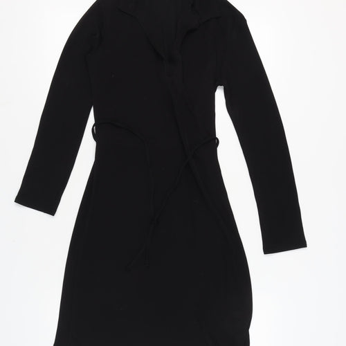 Clockhouse Black Collared Dress with Tie, Size 10, Long Sleeve